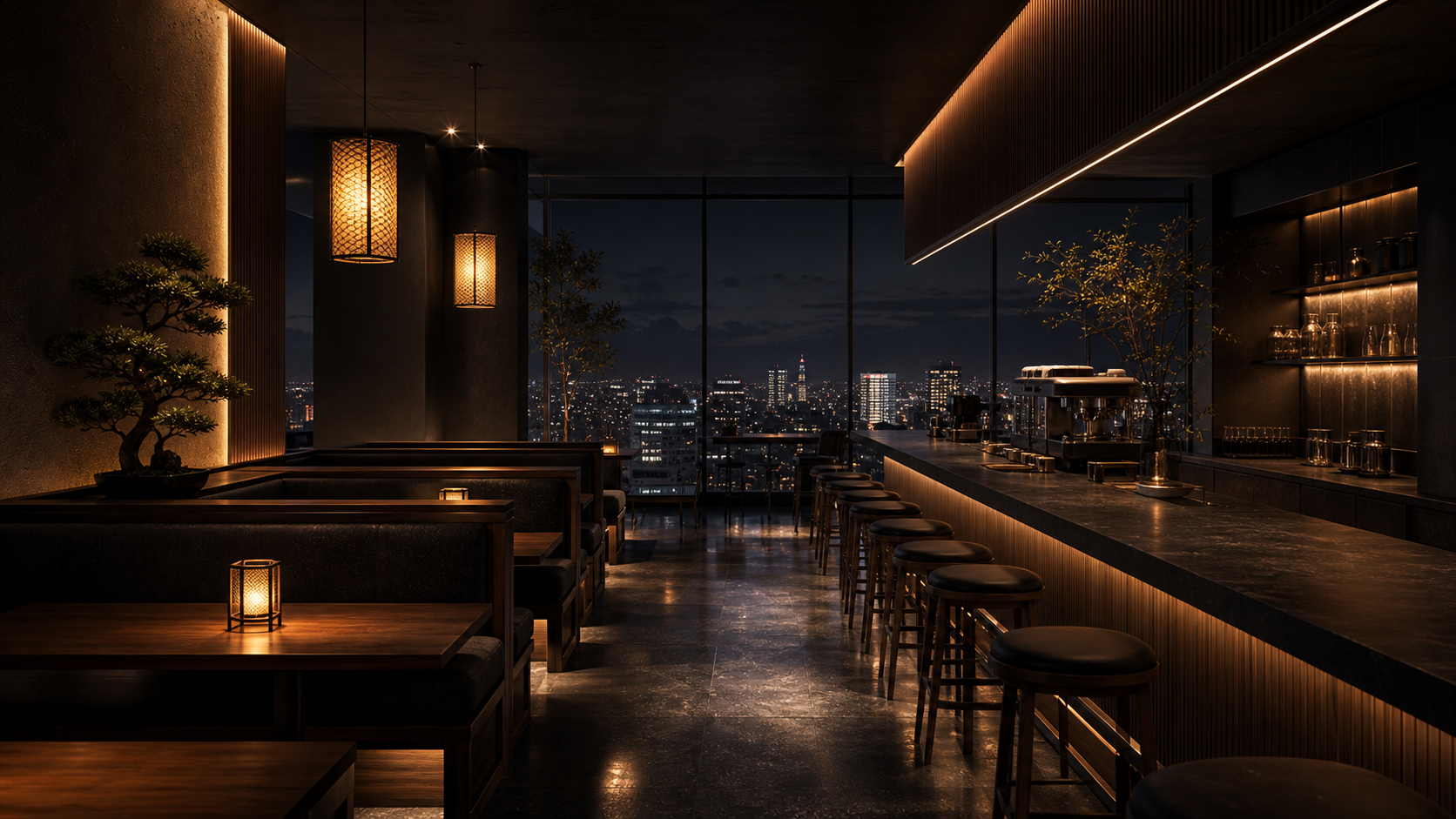 Noi that quan cafe Nhat Ban hien dai ve dem