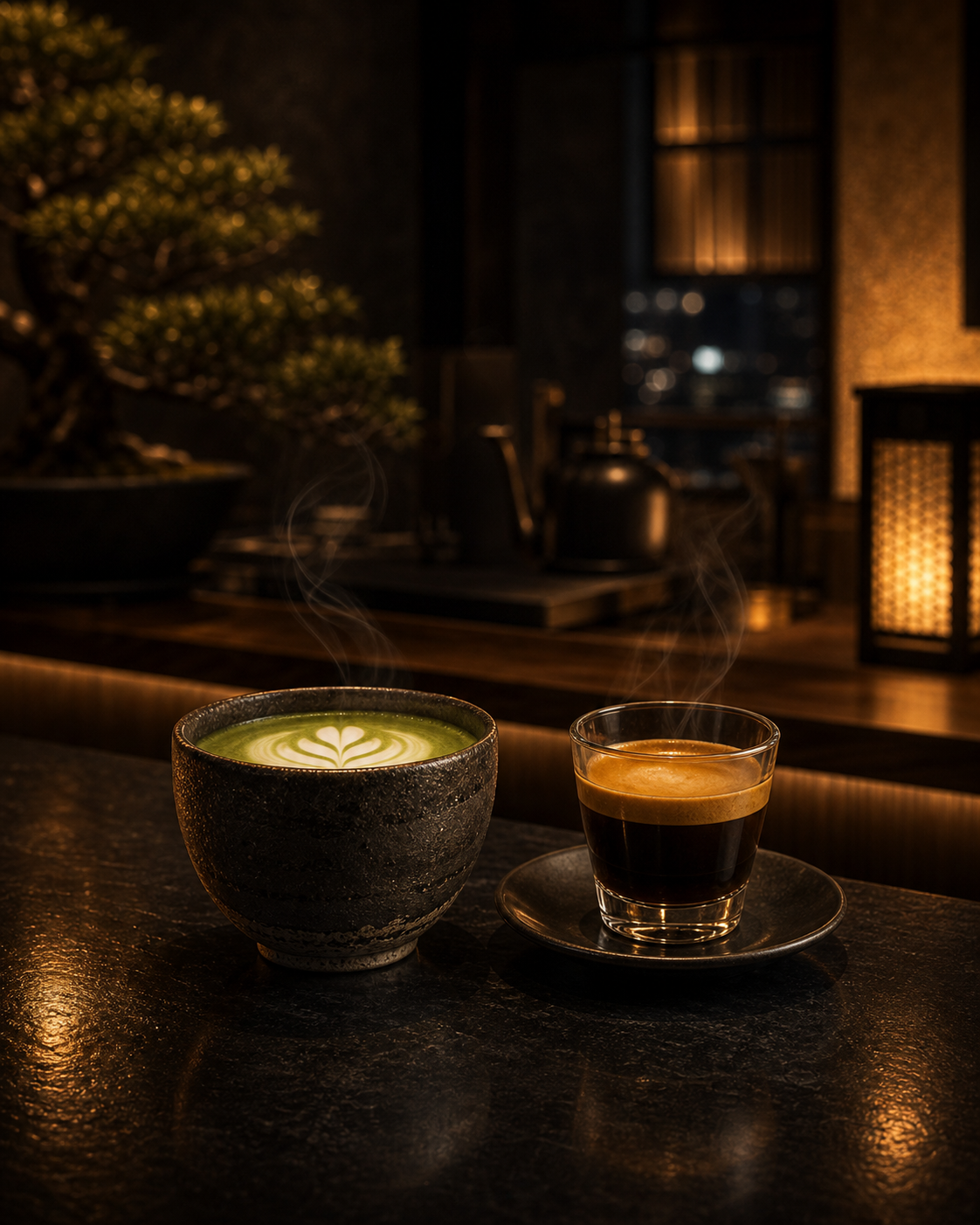 Kyoto Matcha Latte va espresso trong anh den vang am